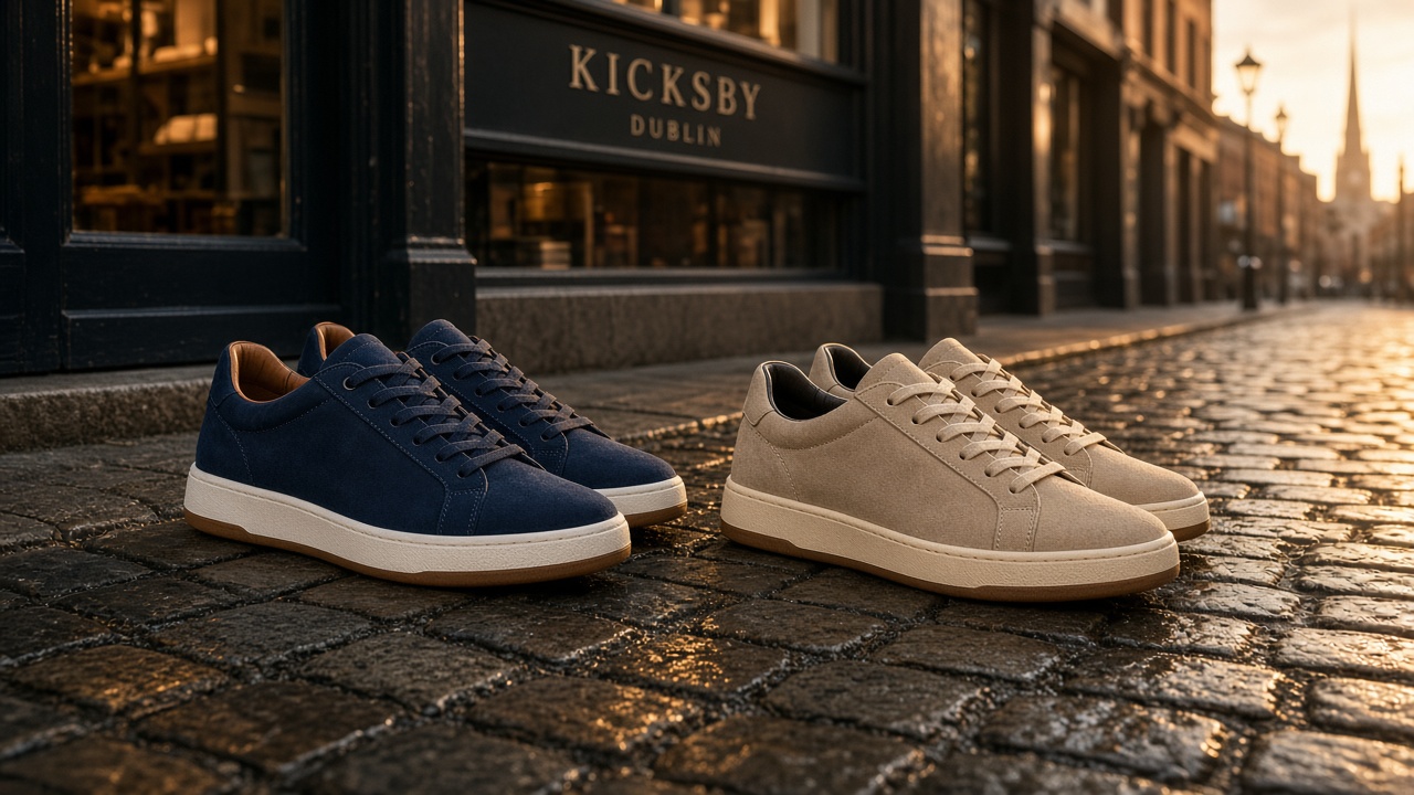 Casual sneakers displayed on a wet urban street