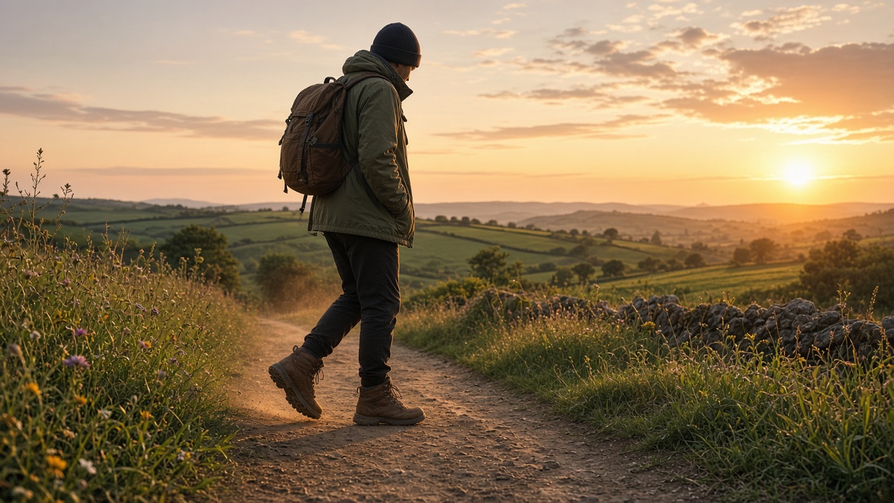 Seasonal walking boots on an Irish countryside trail at sunset