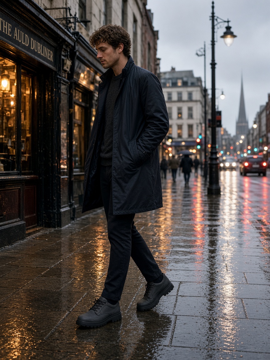Person walking in waterproof casual shoes on a rainy street