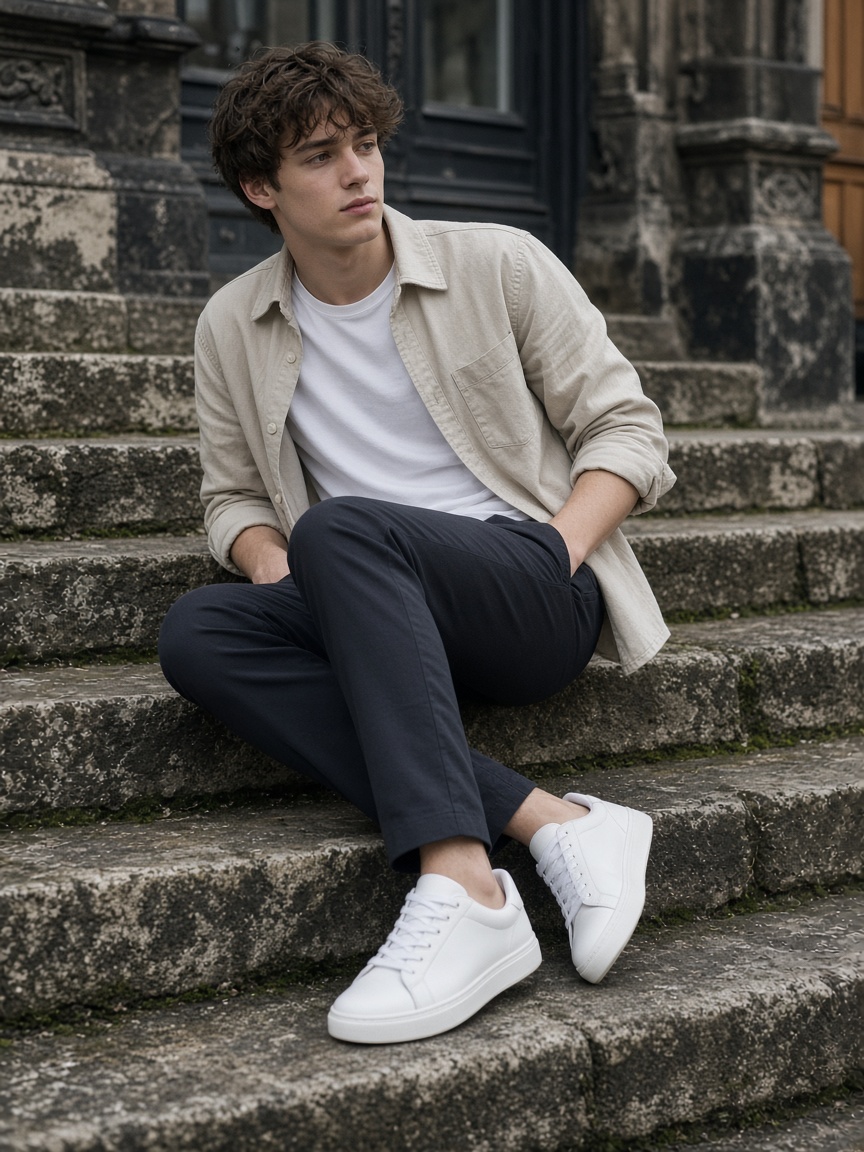Portrait of a person wearing clean white casual sneakers