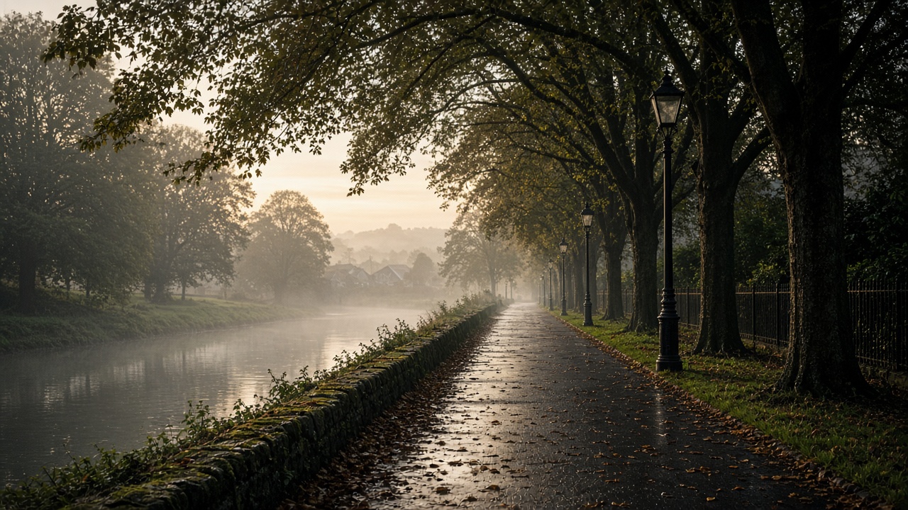 Tree-lined walking path in soft evening light near StrideMere