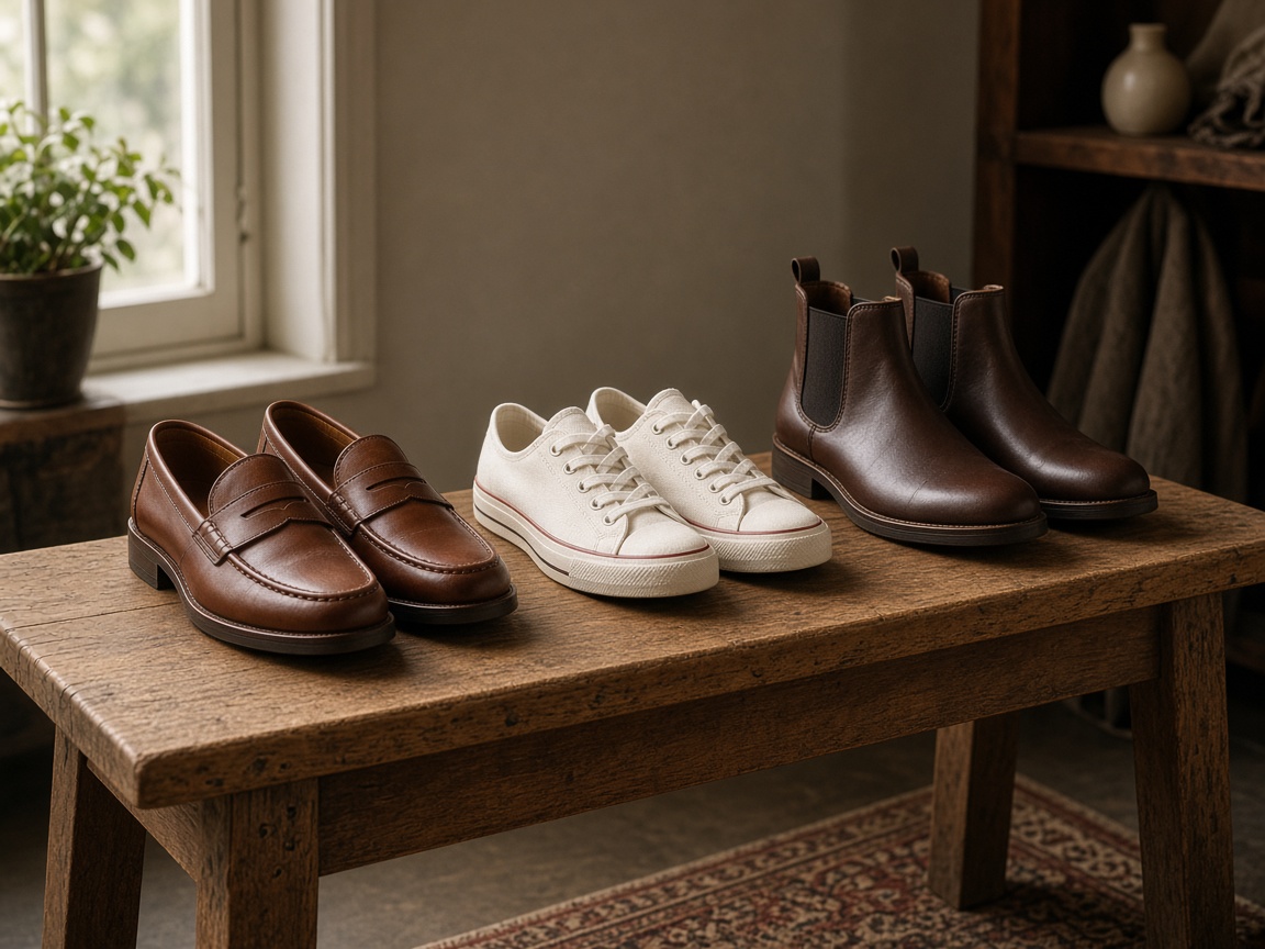 Casual loafers sneakers and boots arranged on a wooden bench