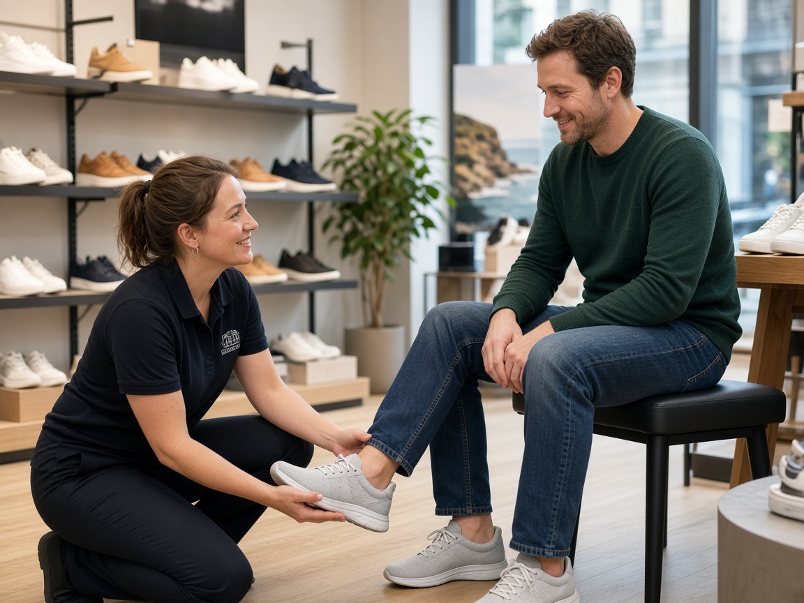 Staff helping a customer try on shoes in store
