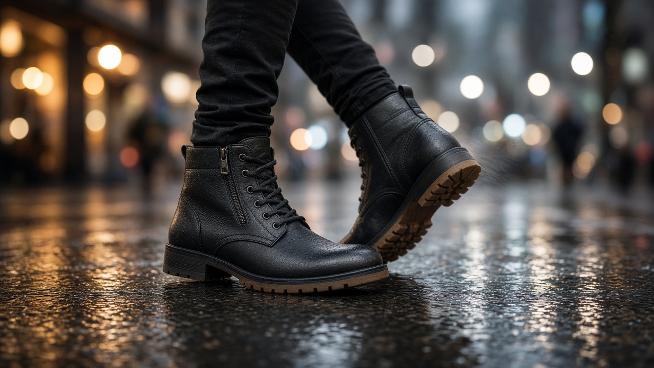 Urban boots walking across wet city pavement at night