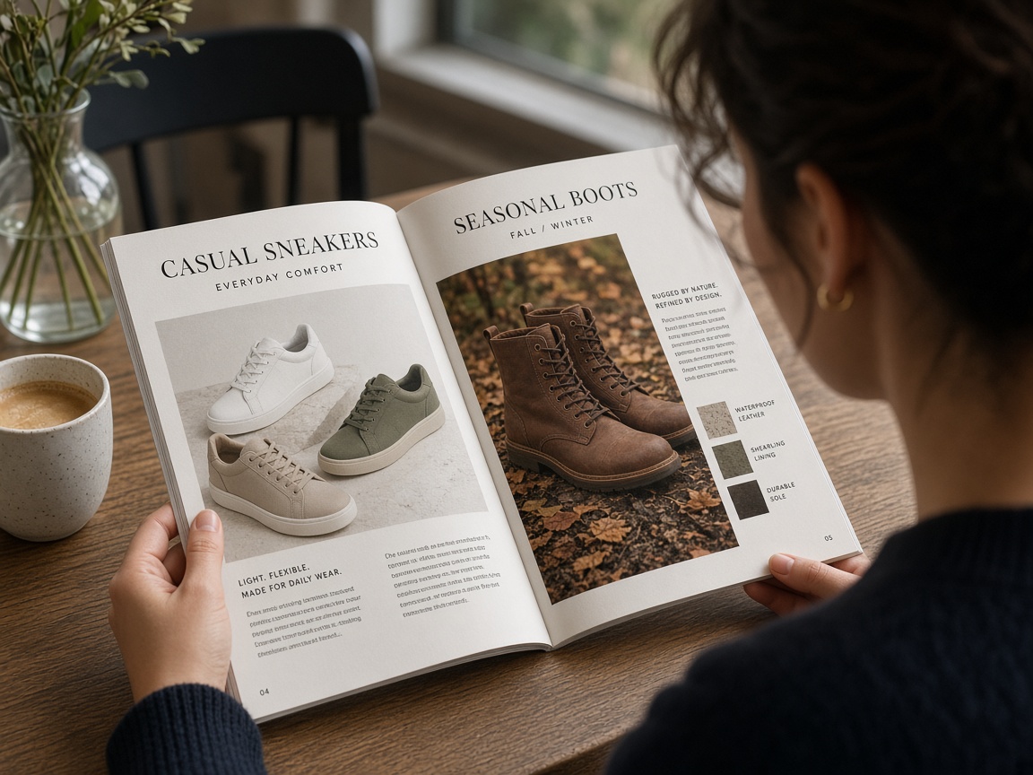 Person browsing a footwear lookbook at a cafe table